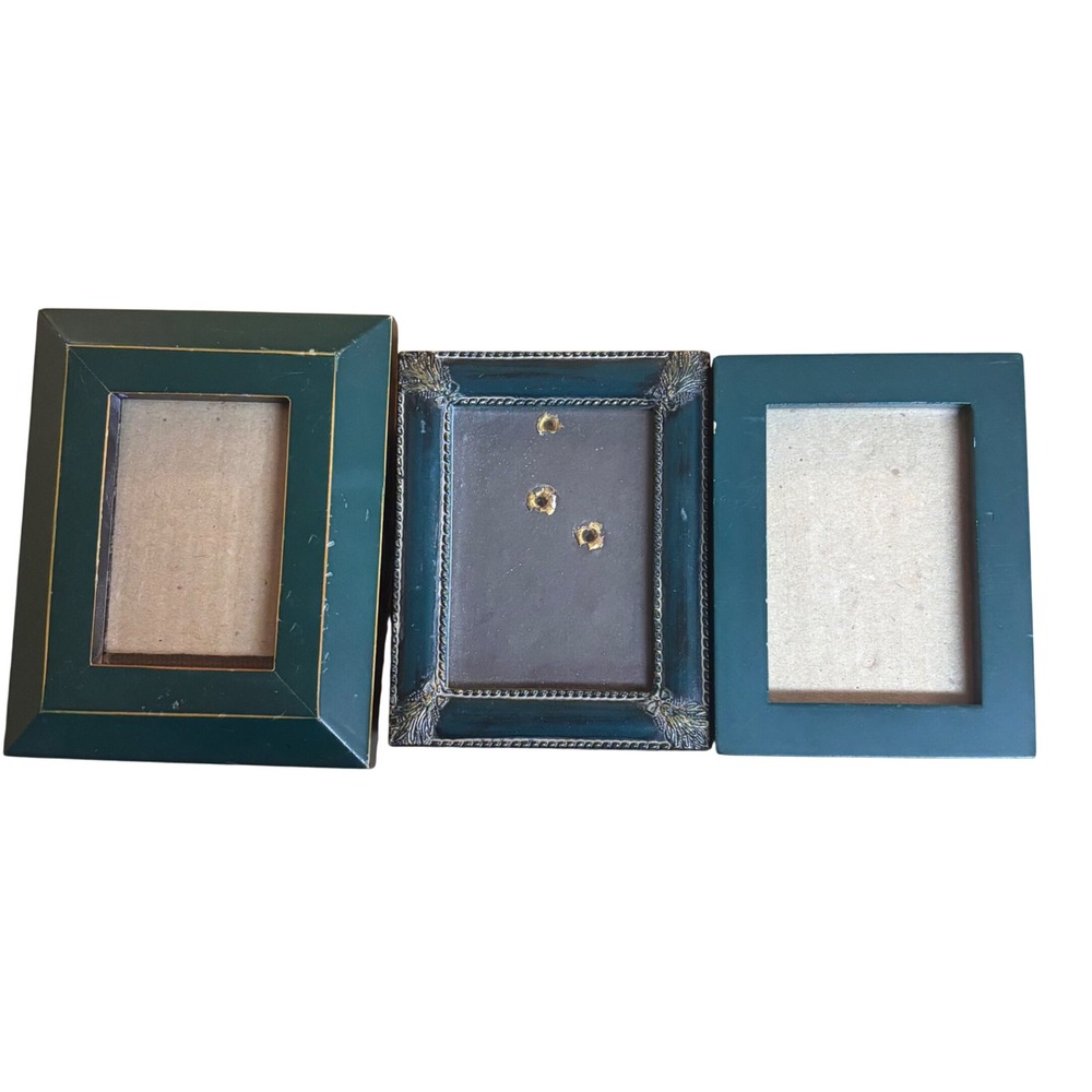 Vintage Style‎ Green Miniature Photo Frame Set Ornate Gold Detail Tabletop 3pc